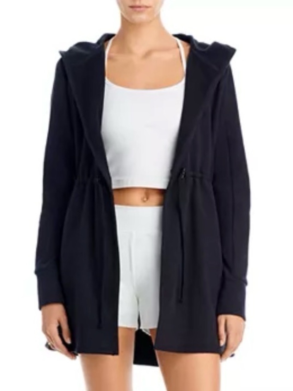 NWOT Beyond Yoga On The Go Open Front Hooded Jacket in Black Women’s Size M